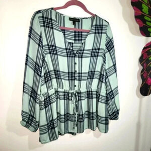 Lane Bryant Peplum Top Plaid Aqua & Black Soft Button Detail